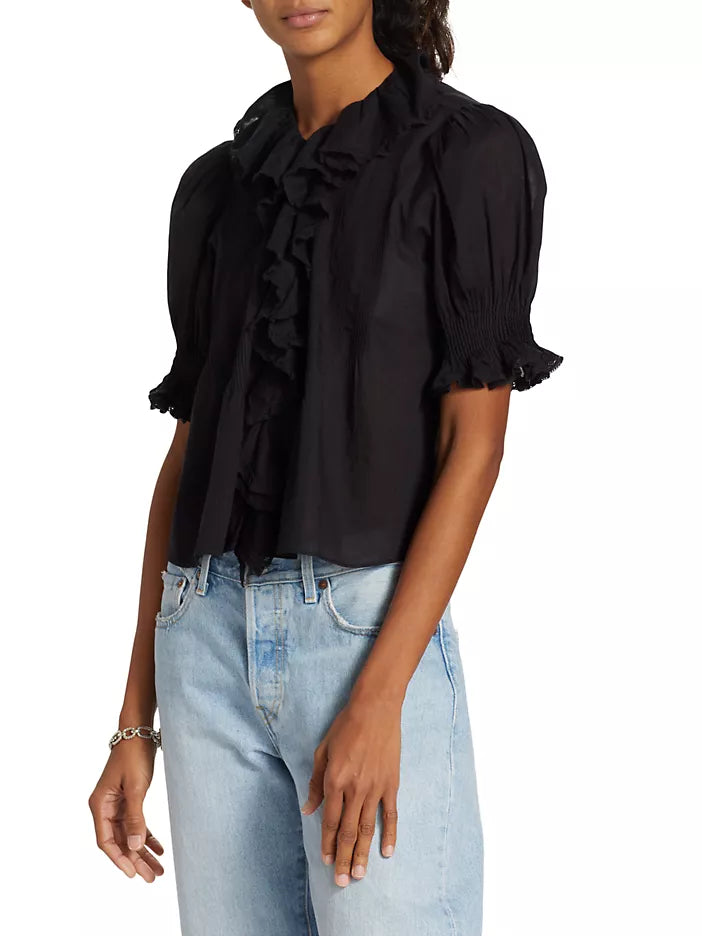 Dôen Henri Ruffled Puff-Sleeve Top Black