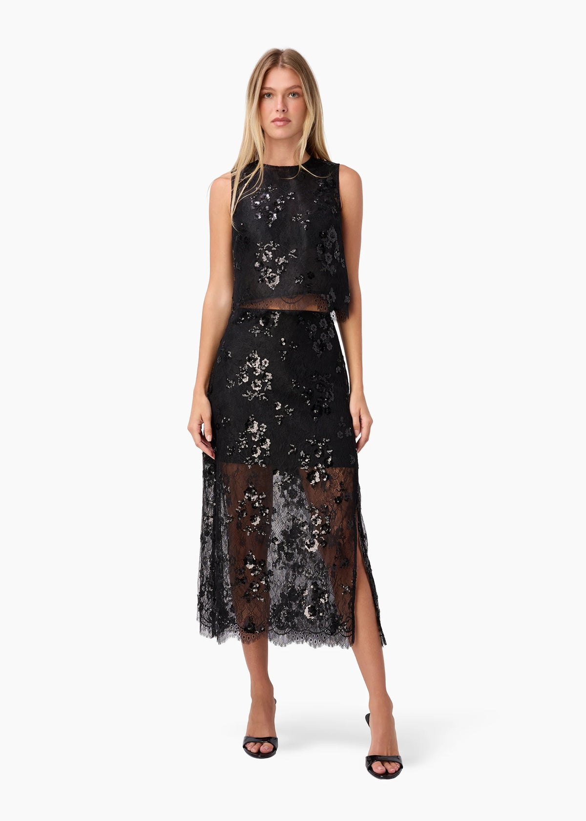 CAMI NYC ARACELY SEQUIN LACE CROPPED TOP BLACK