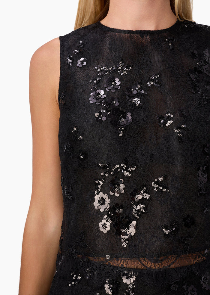 CAMI NYC ARACELY SEQUIN LACE CROPPED TOP BLACK