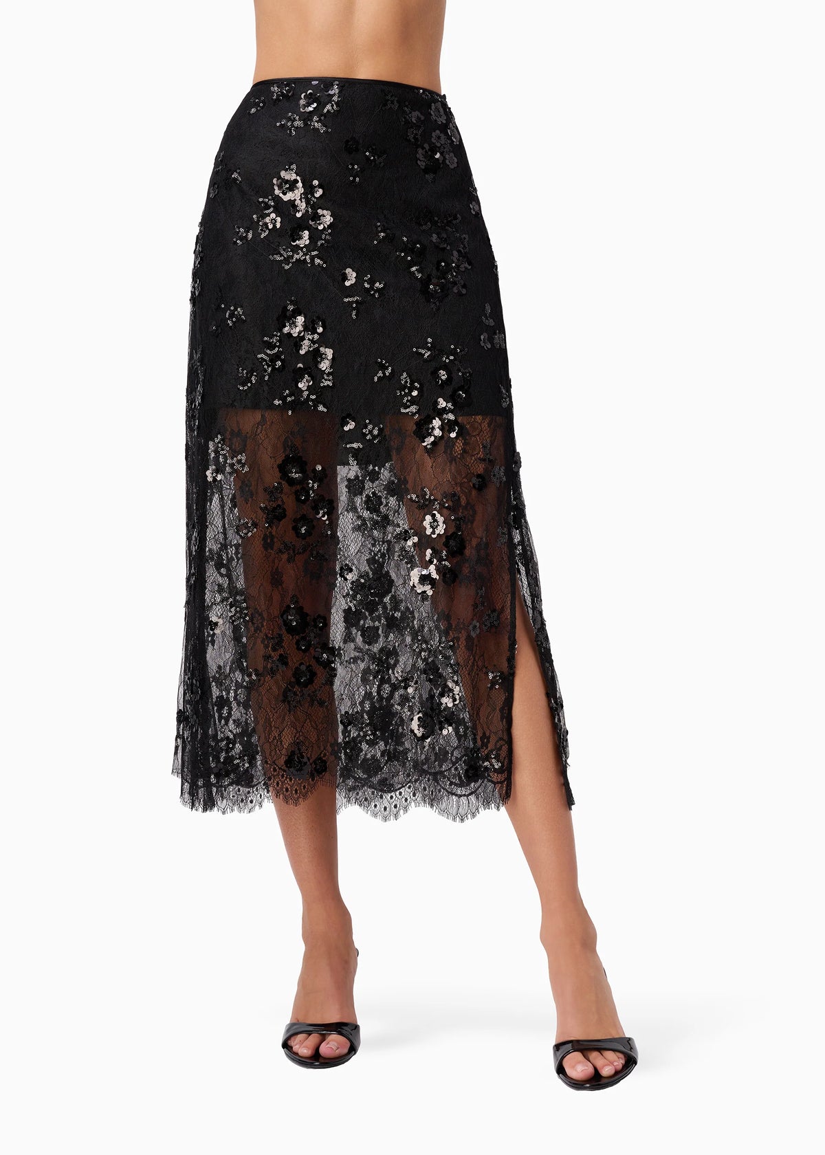 CAMI NYC AYLIN SEQUIN LACE MIDI SKIRT BLACK