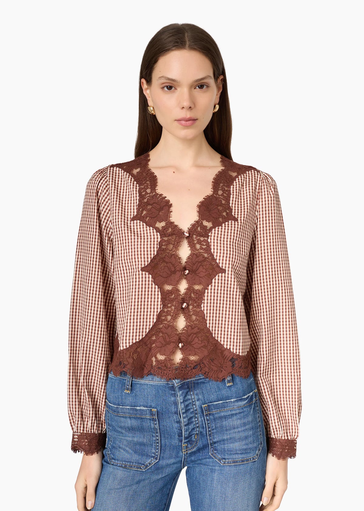CAMI NYC YURI BLOUSE BROWN GINGHAM SOFT SILK-VISCOSE