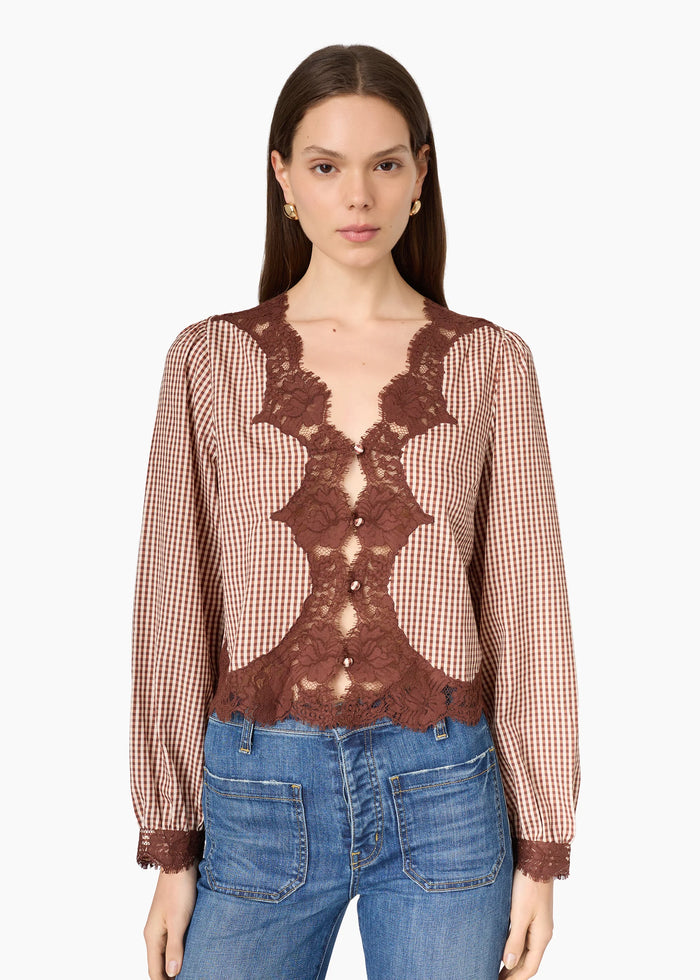 CAMI NYC YURI BLOUSE BROWN GINGHAM SOFT SILK-VISCOSE