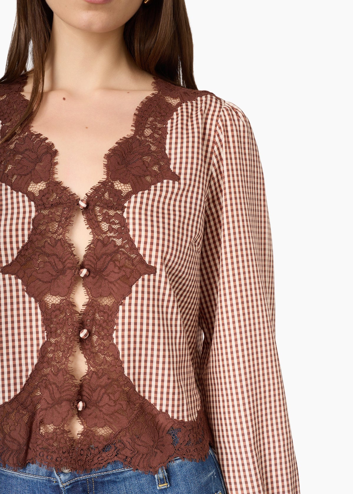 CAMI NYC YURI BLOUSE BROWN GINGHAM SOFT SILK-VISCOSE