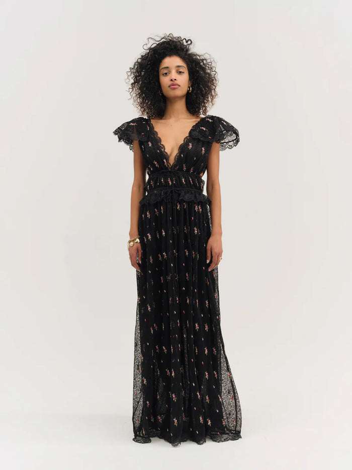 For Love & Lemons Poppy Pleated Lace Maxi Dress
