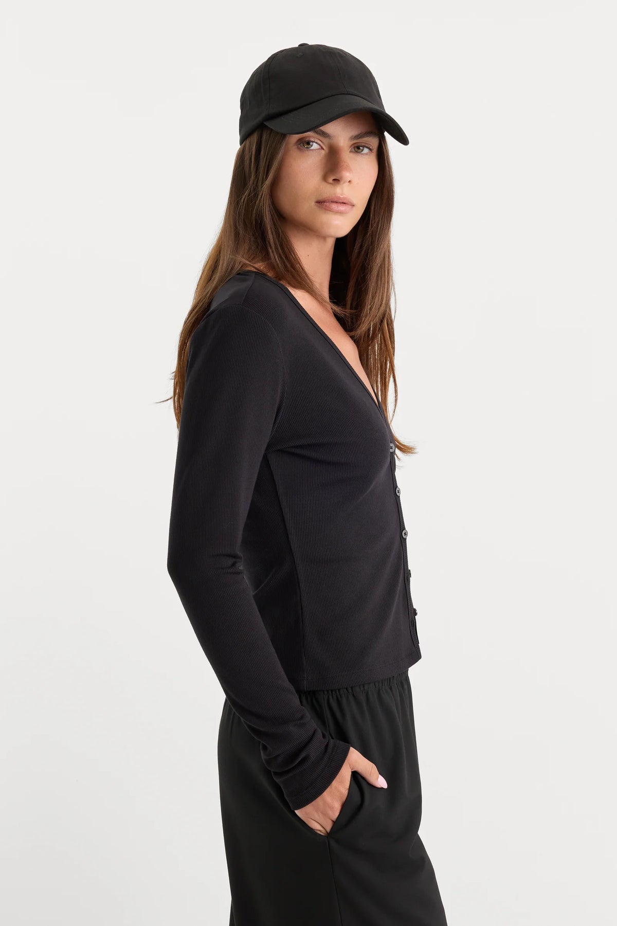 Good American The Rib V Neck Cardigan Black001
