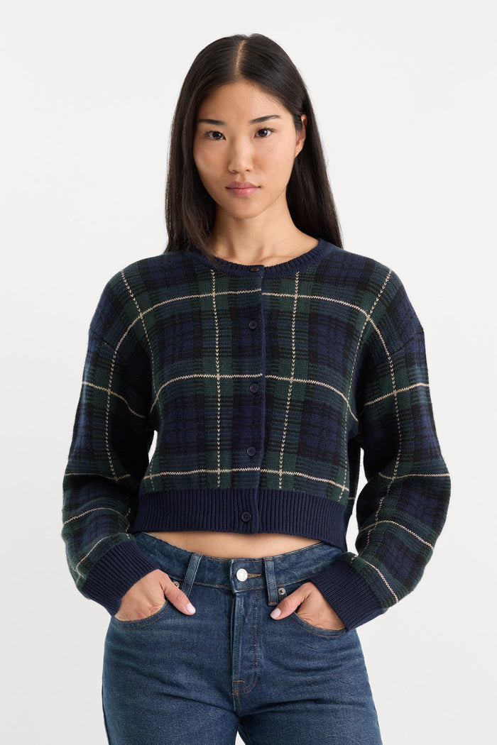 Good American The Jacquard Cardigan -  Forest plaid