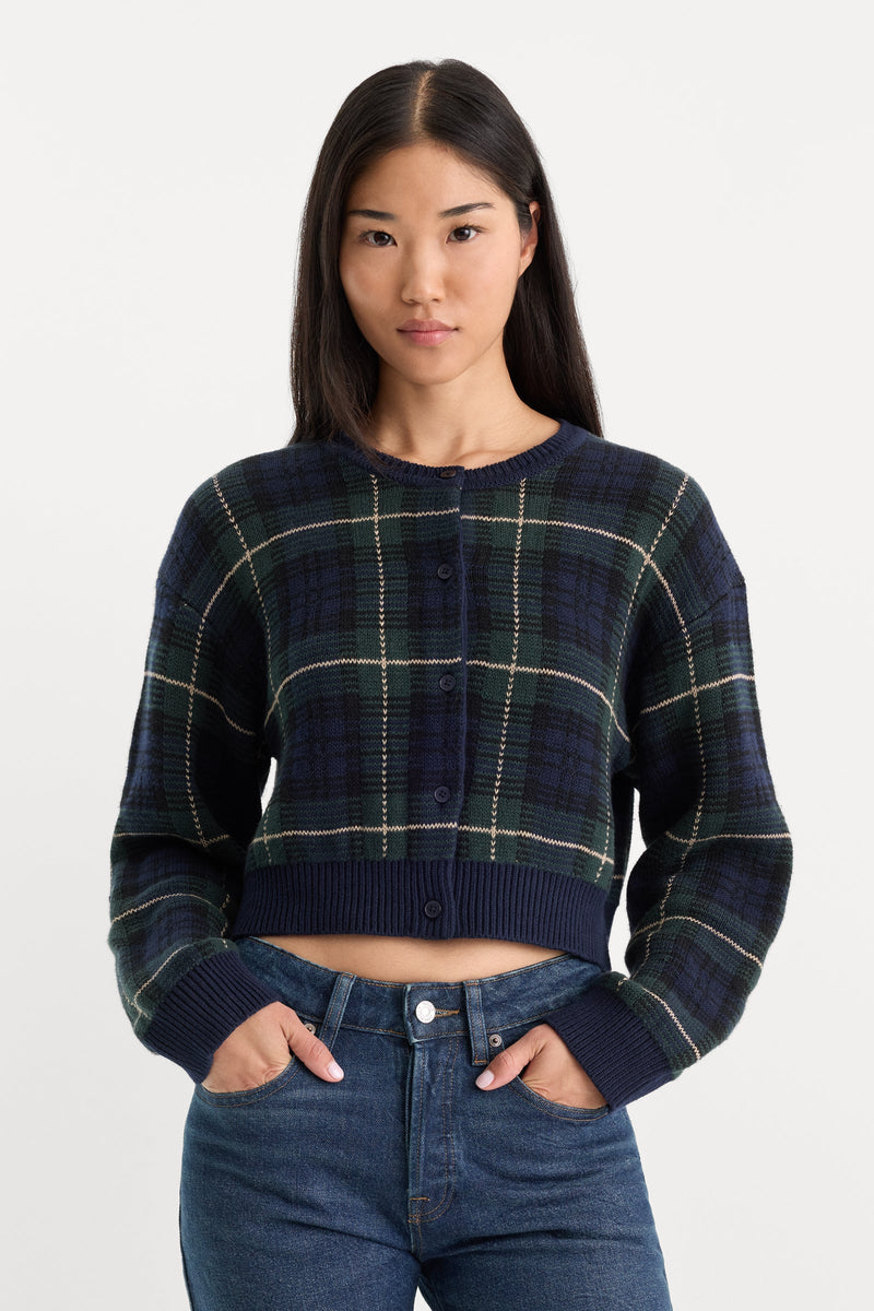 Good American The Jacquard Cardigan -  Forest plaid