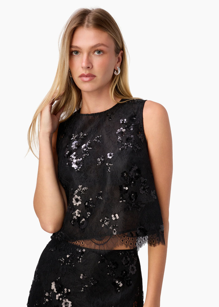 CAMI NYC ARACELY SEQUIN LACE CROPPED TOP BLACK