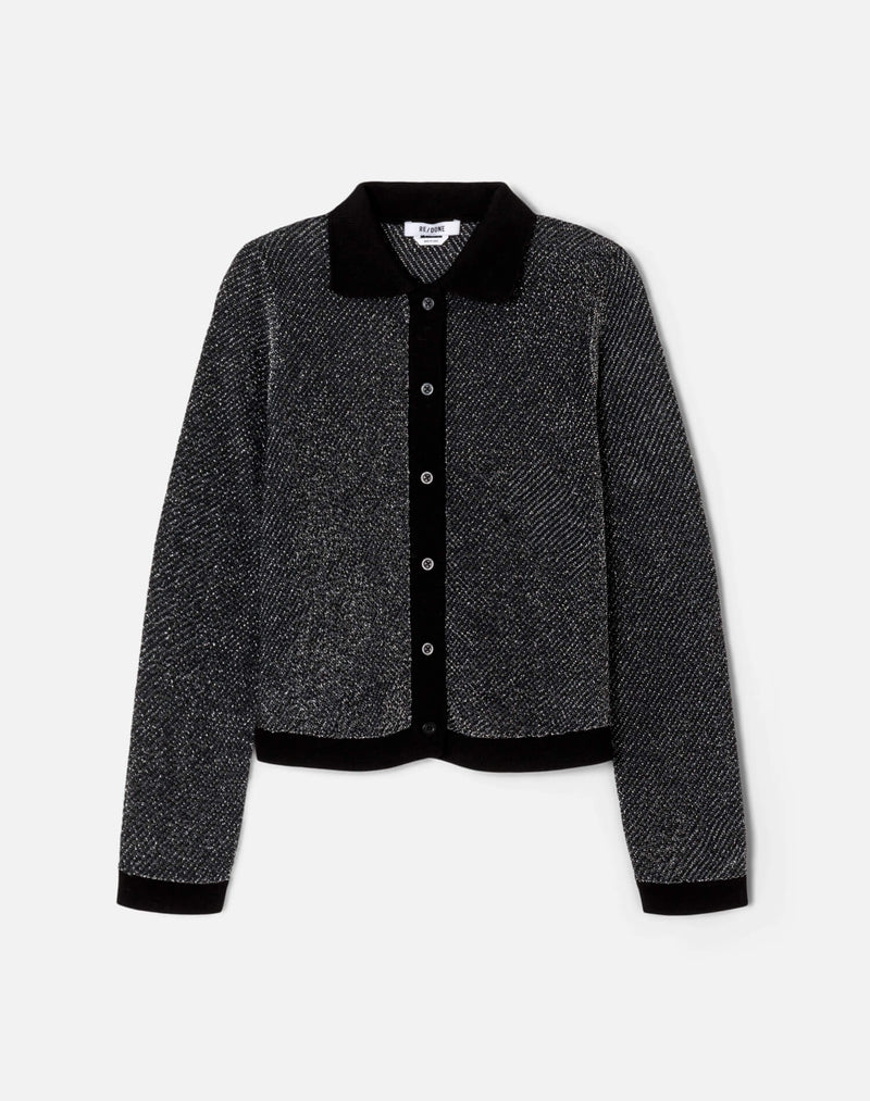 Re/Done LUREX POLO CARDIGAN Black & Silver