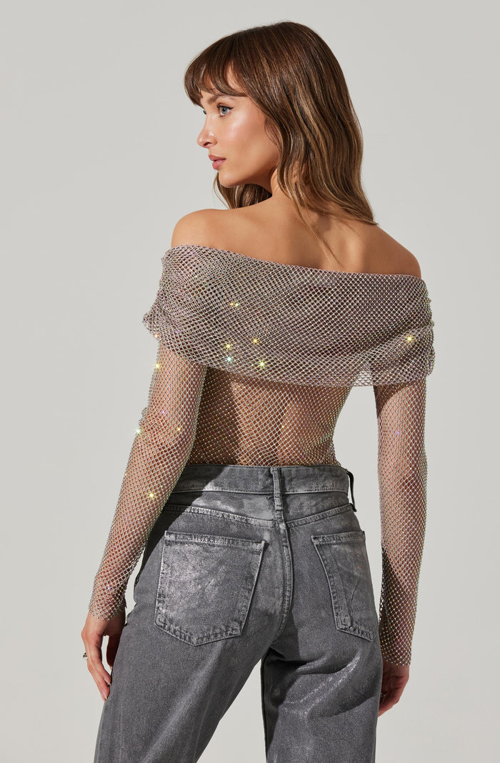 ASTR  Diamante Rhinestone Mesh Off Shoulder Top