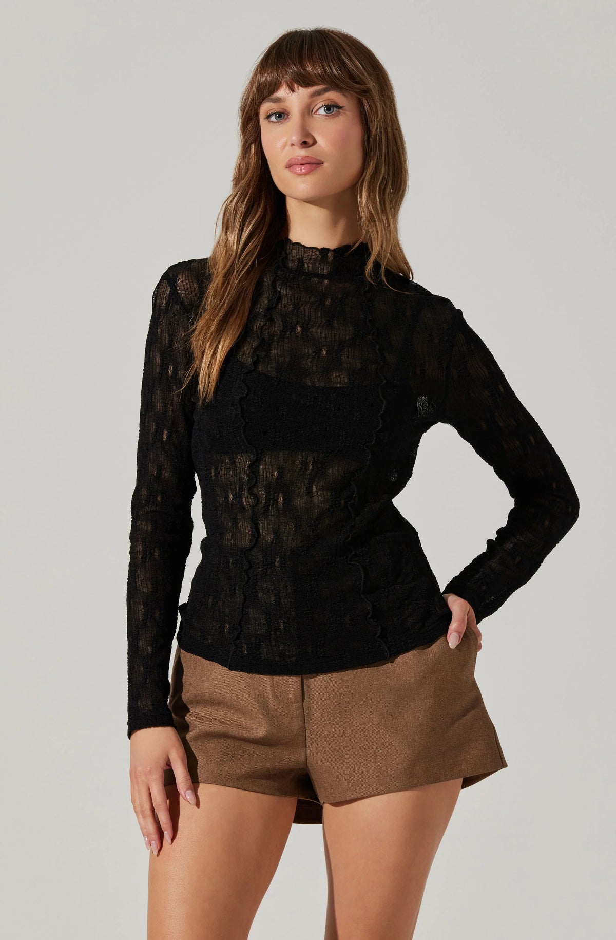 ASTR The Label Colleen Mock Neck Lace Top Black