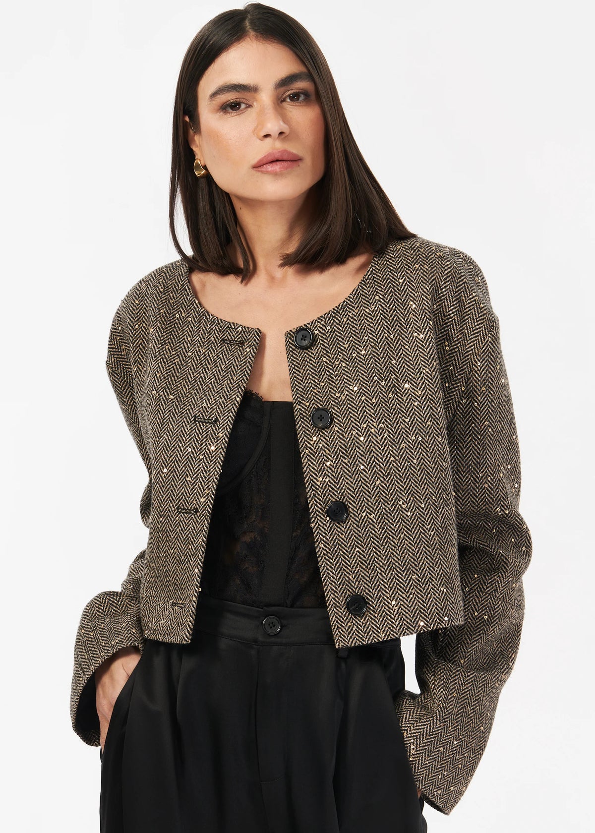 Cami Nyc SERRANO SEQUIN TWEED CROPPED JACKET BLACK AND TAN