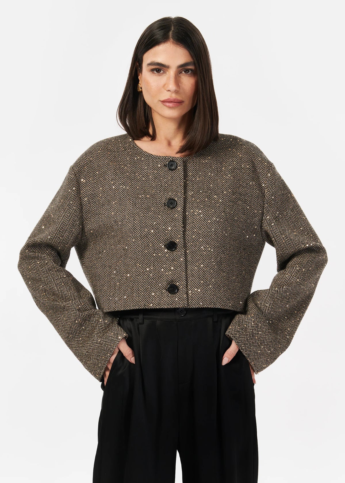 Cami Nyc SERRANO SEQUIN TWEED CROPPED JACKET BLACK AND TAN