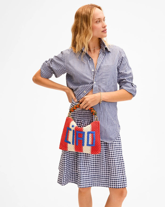 Clare V. Flat Clutch w/ Tabs Cream/Bright Poppy Crochet Stripe w/ Ciao