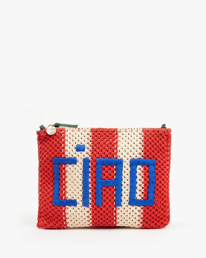Clare V. Flat Clutch w/ Tabs Cream/Bright Poppy Crochet Stripe w/ Ciao