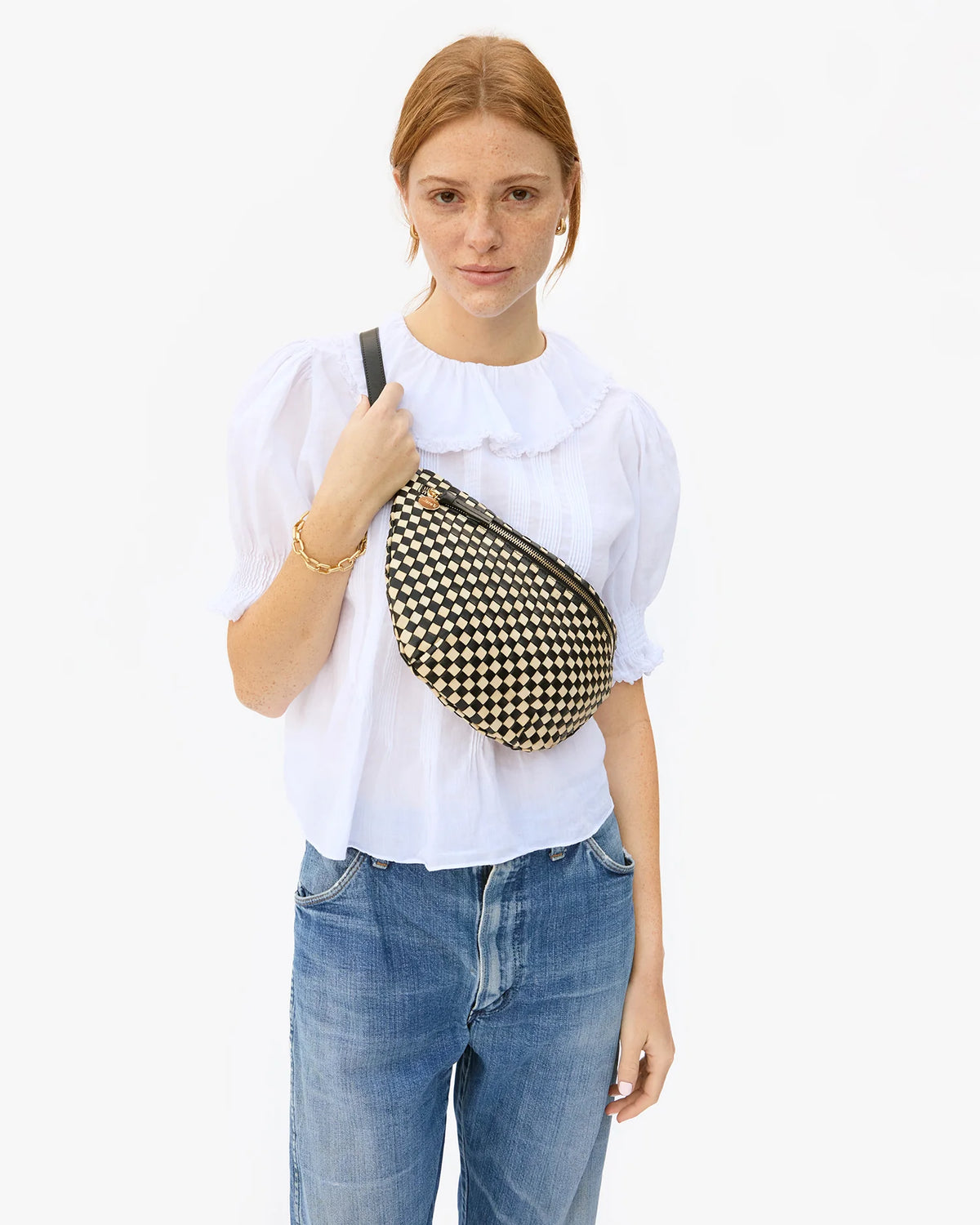 Clare V. Grande Fanny Black & Cream Woven Checker