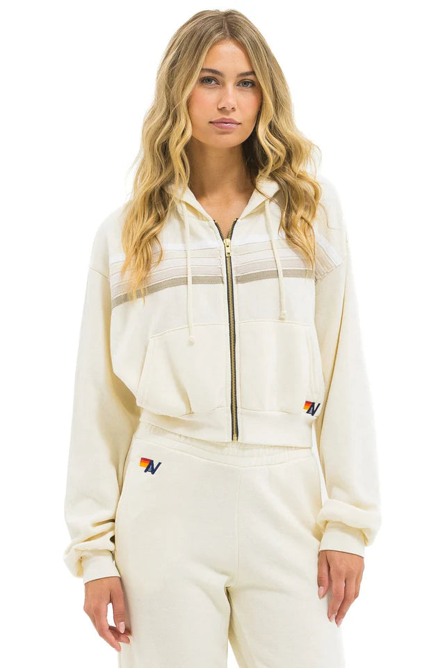 Aviator Nation 5 STRIPE CROPPED ZIP HOODIE RELAXED - VINTAGE WHITE // WHITE GREY