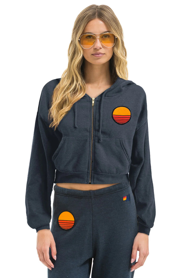 Aviator Nation SUNSET PATCH RELAXED CROPPED ZIP HOODIE - CHARCOAL