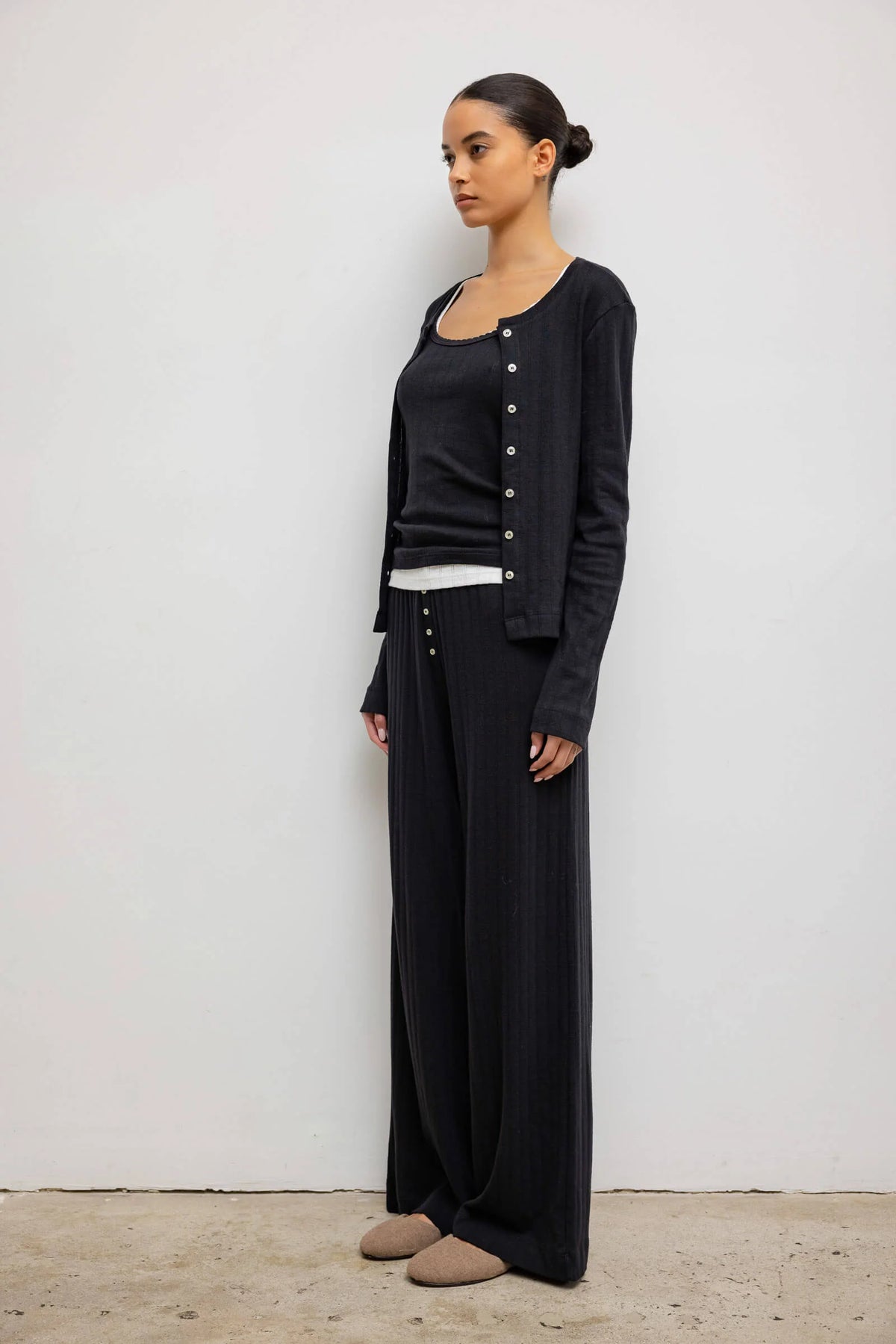 LESET Pointelle Classic Crew Cardigan - Black