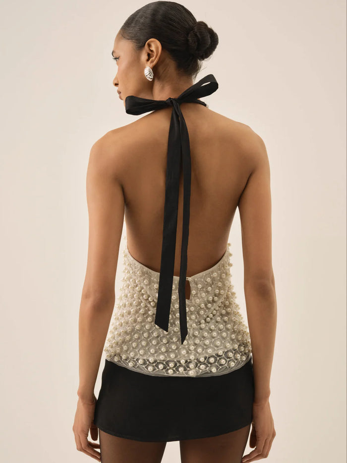 For Love & Lemons Pearly Bow Halter Top