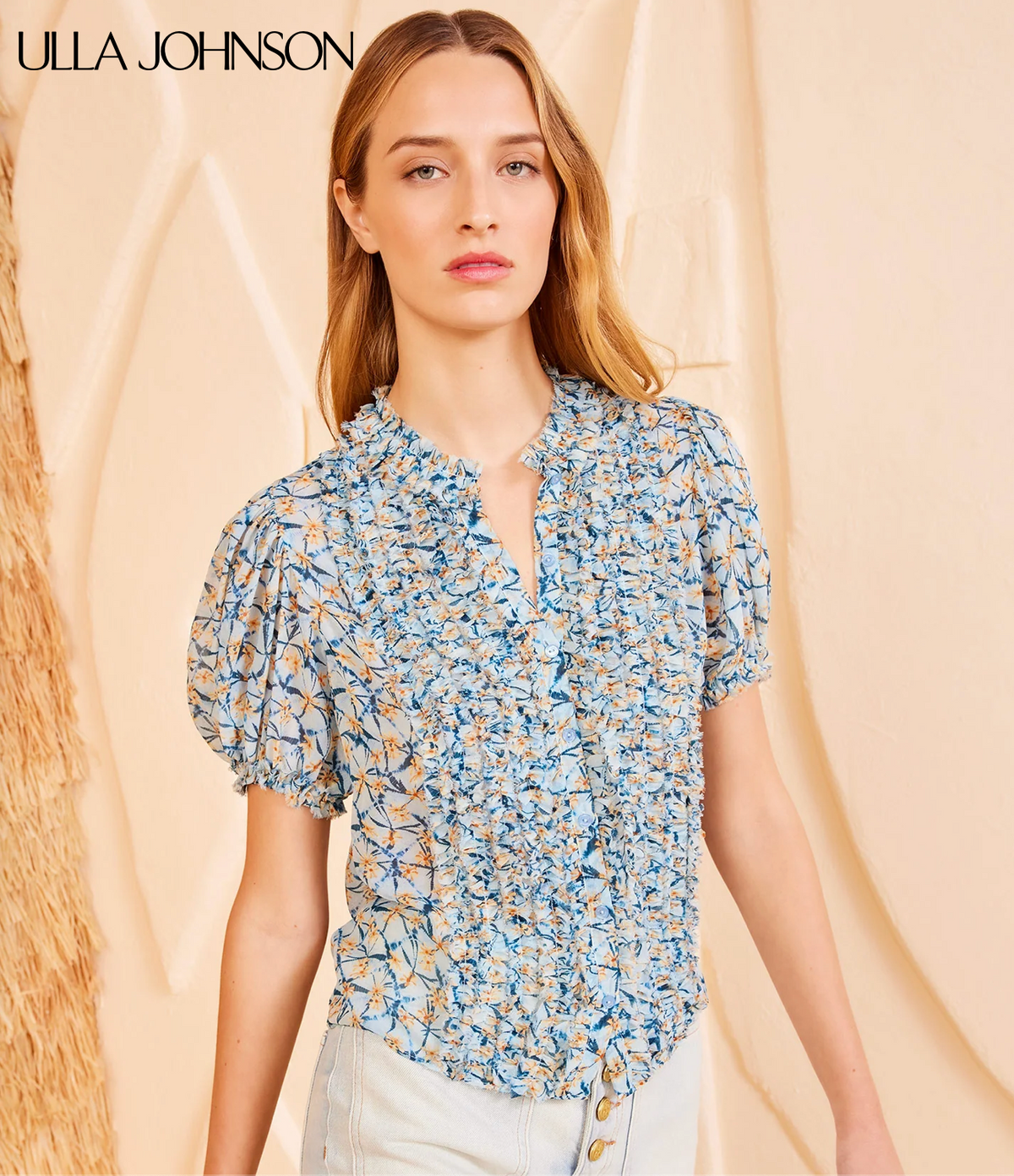 Ulla Johnson Adira Top Printed Short Sleeve Silk Top with Ruffles