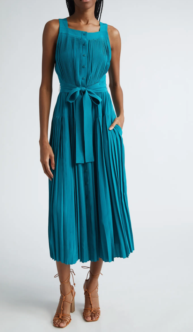 Ulla Johnson Annabeth Pleated Button Front Silk Maxi Dress - Jade