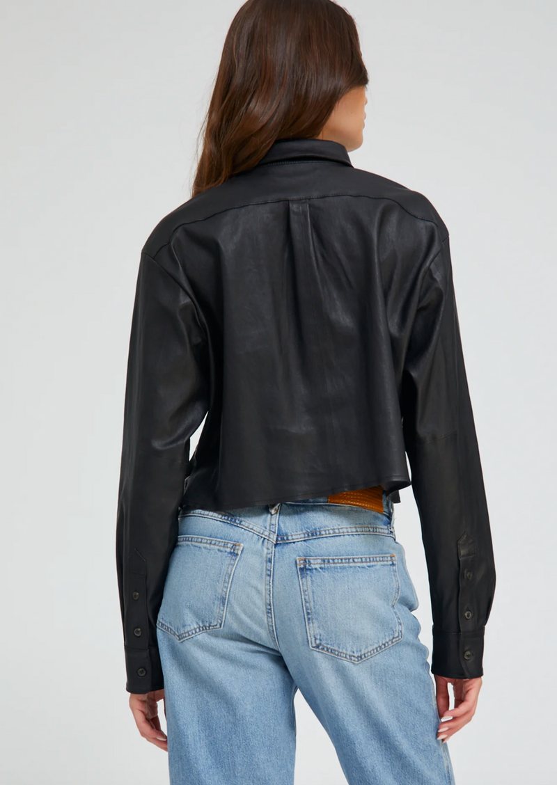 SPRWMN BLACK LEATHER CROPPED BUTTON DOWN