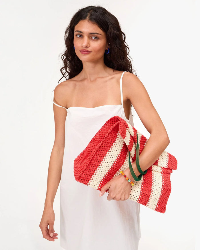 Clare V. Summer Simple Tote Cream/Bright Poppy Crochet Stripe