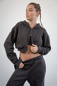 ELWOOD BABYDOLL CROP ZIP HOODIE VINTAGE BLACK