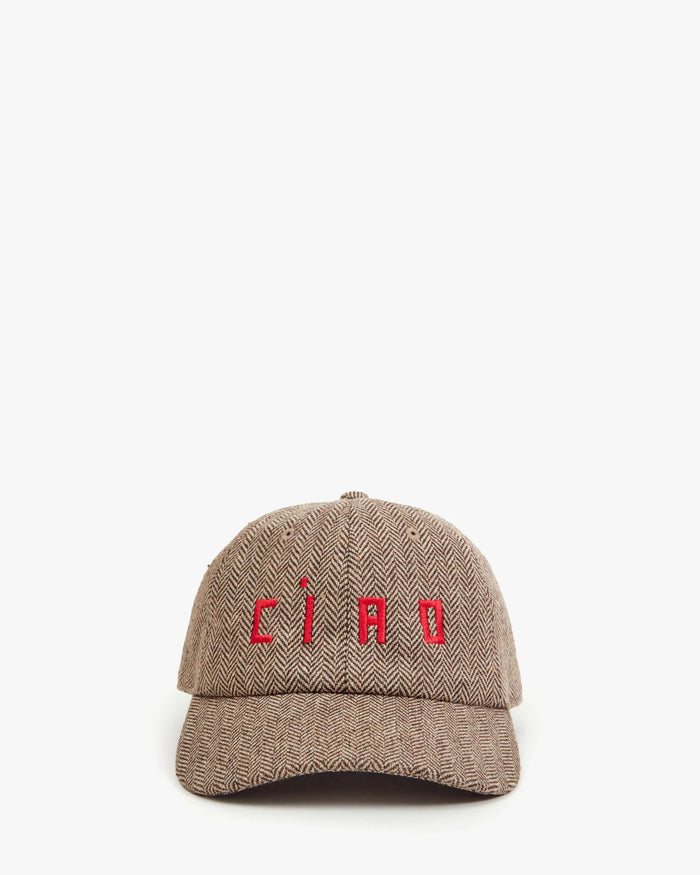 Clare V. Wool Baseball Hat Taupe w/ Super Red Embroidered Ciao