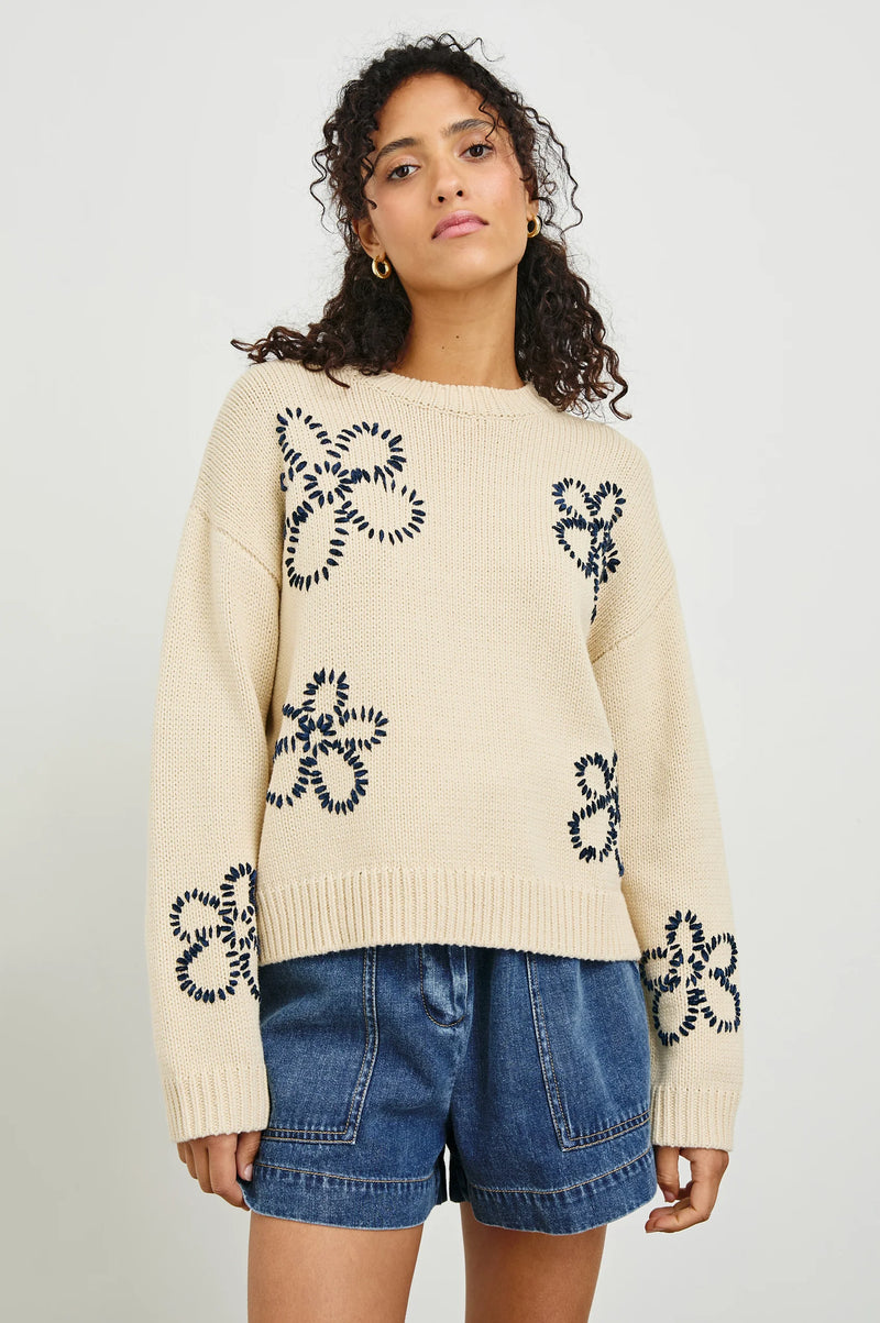 RAILS Zoey Sweater Ivory Navy Stitched Daisies