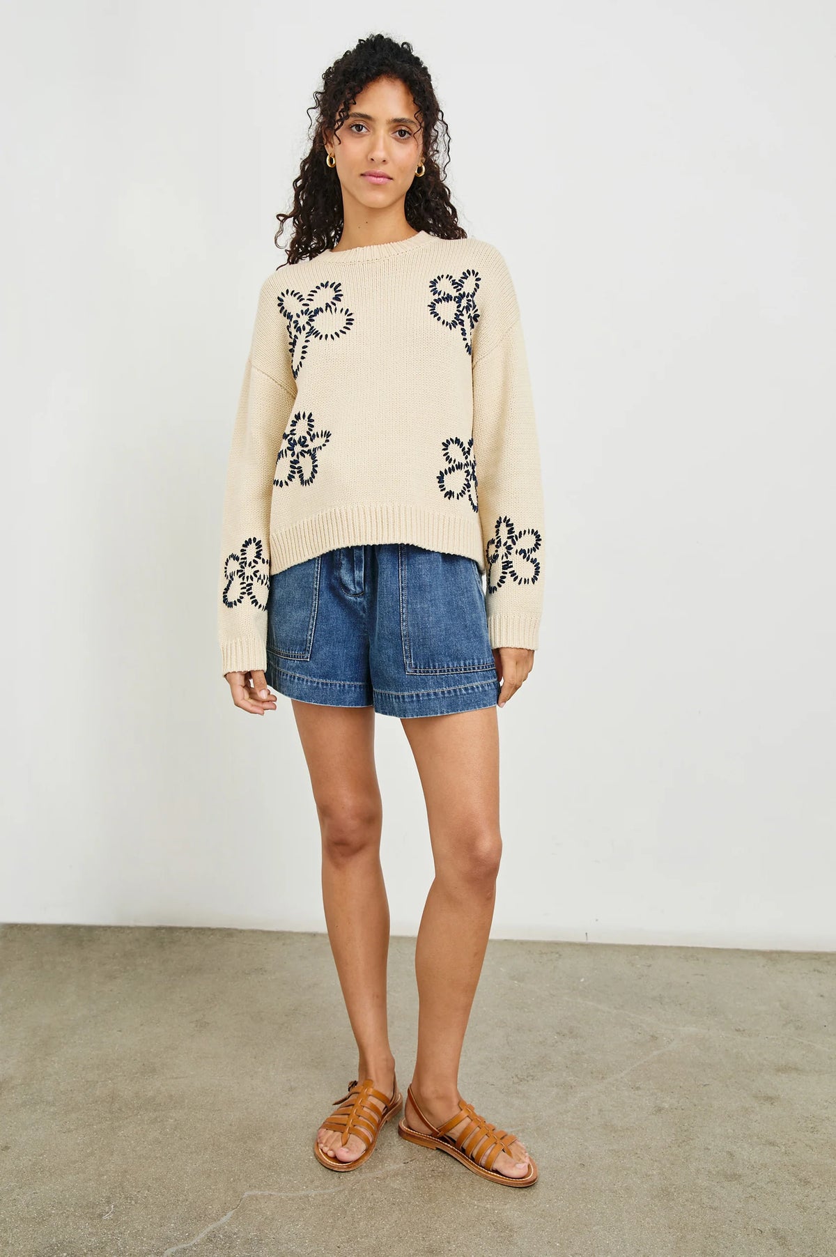 RAILS Zoey Sweater Ivory Navy Stitched Daisies