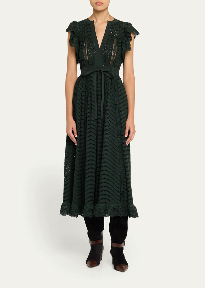 Ulla Johnson Olga Eyelet Flutter-Sleeve Midi Dress Cypress