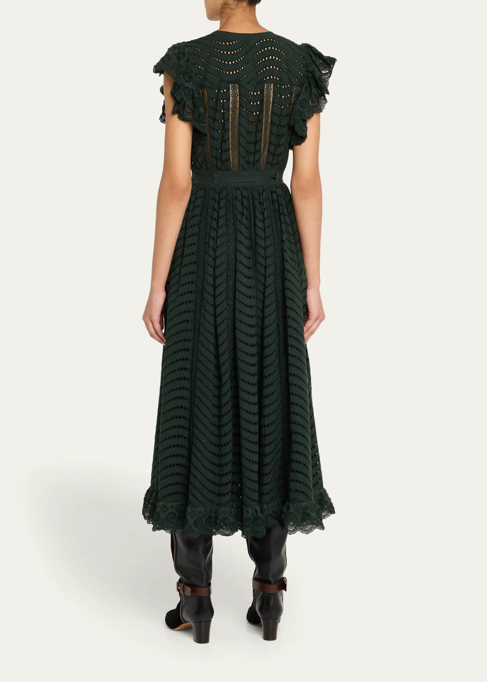 Ulla Johnson Olga Eyelet Flutter-Sleeve Midi Dress Cypress