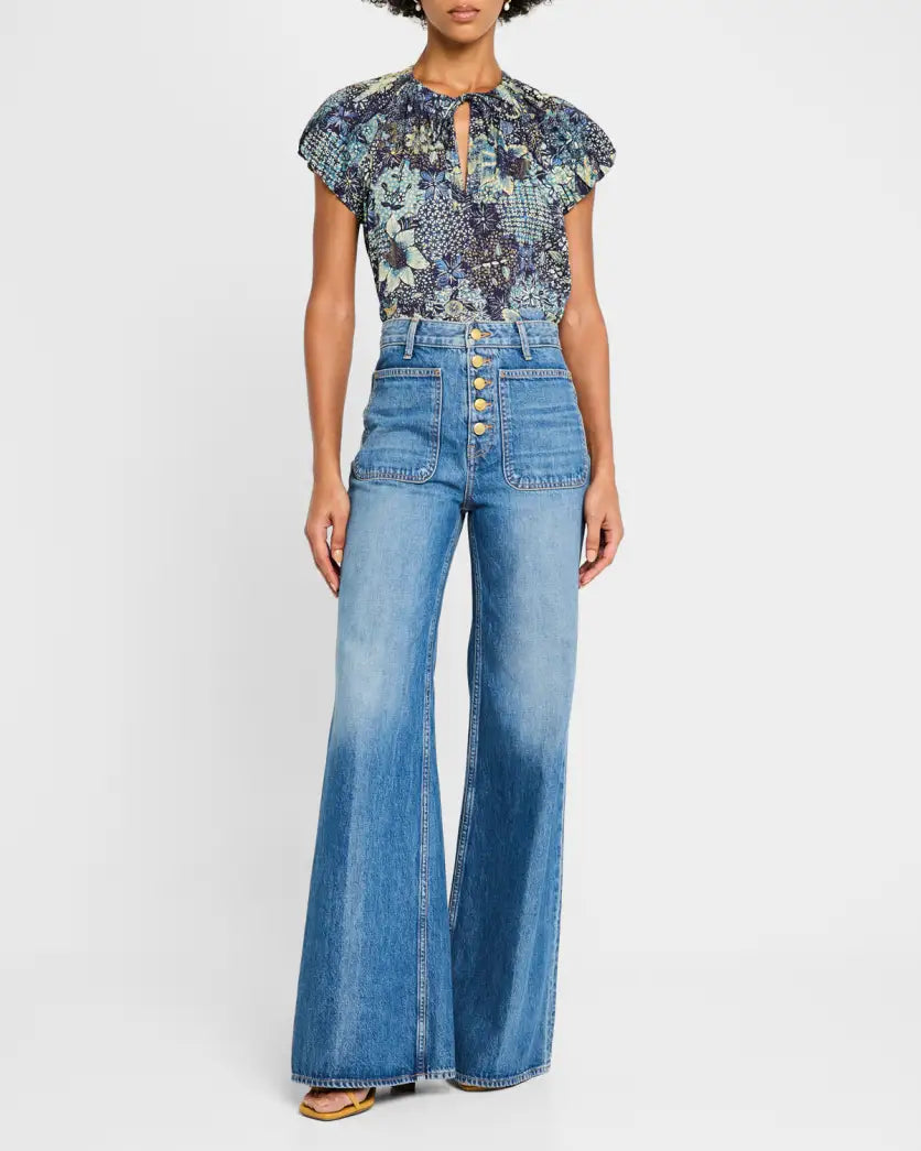 ULLA JOHNSON The Gwynne Jean Flare Wide Leg High-Rise Button Denim- Danube