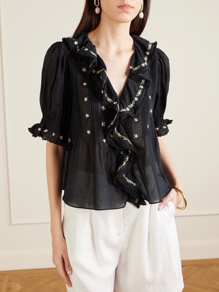 Dôen Hettie Black lace-trimmed embroidered organic cotton-voile blouse